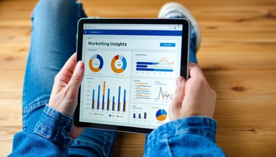 Illustration of a person reading marketing insights on a digital device. Illustration of a person reading marketing insights on a digital device.